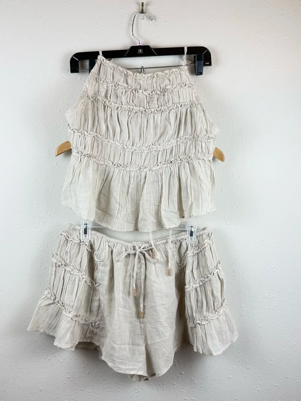 Free People Free-est Angelina Beige Ruffled 2 Piece Beach Set Sz Medium NEW